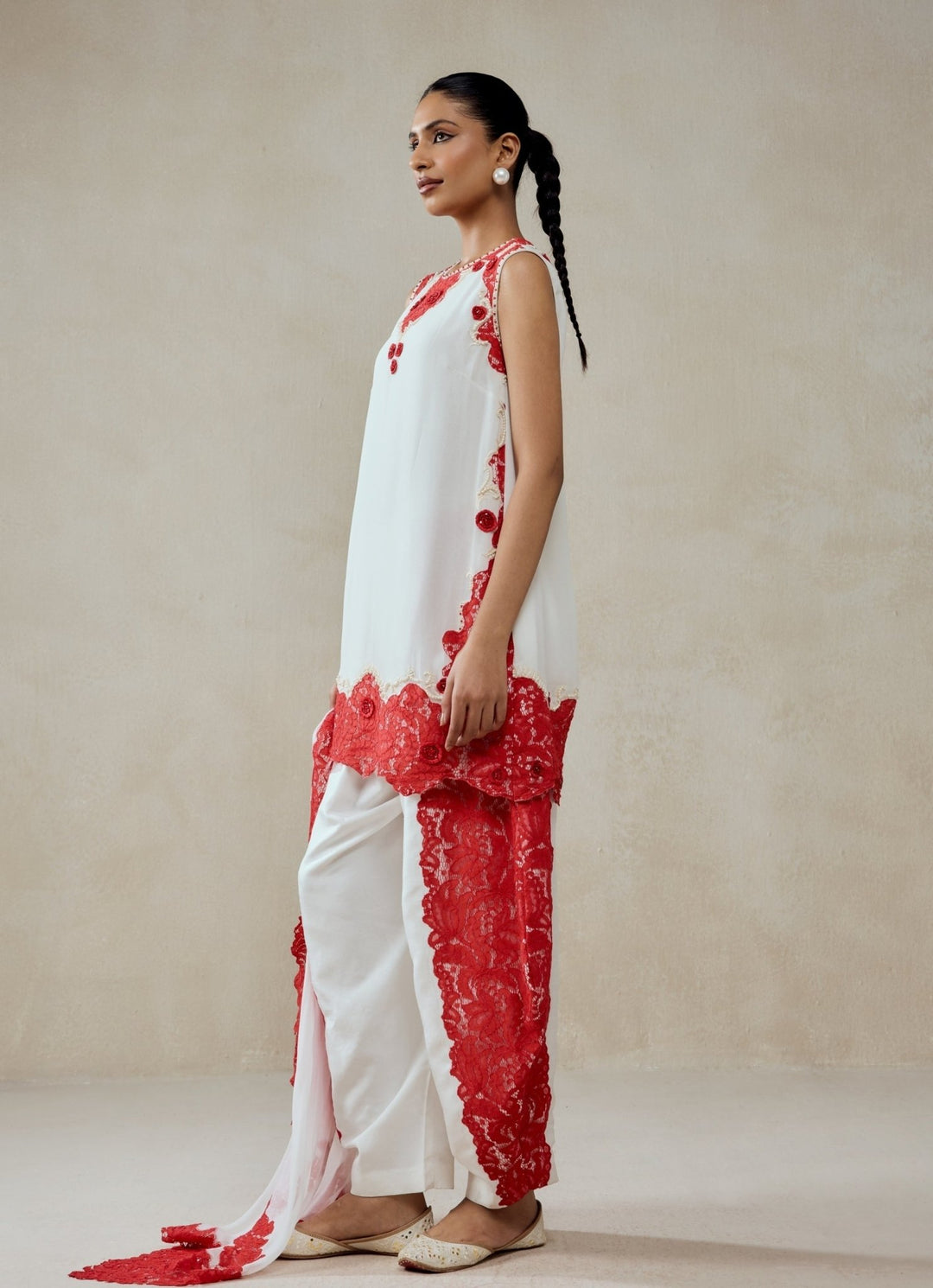 White And Red Georgette Kurta Pants Set Nitika Gujral - Fabilicious Fashion