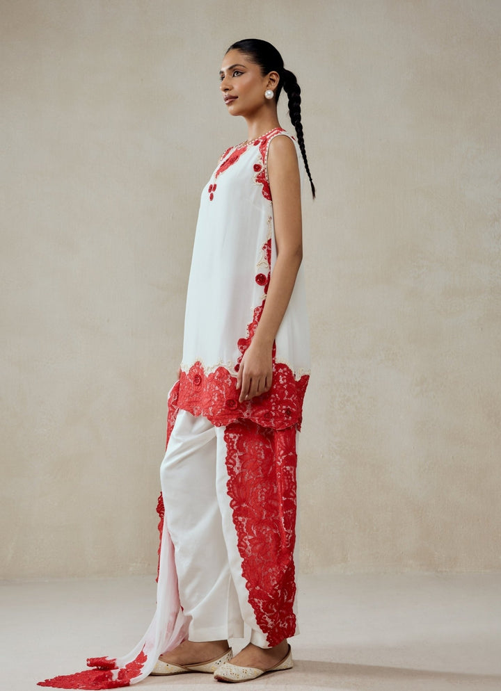 White And Red Georgette Kurta Pants Set Nitika Gujral - Fabilicious Fashion