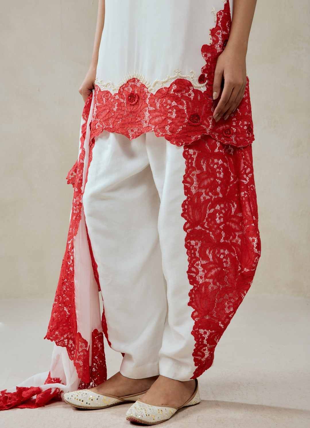 White And Red Georgette Kurta Pants Set Nitika Gujral - Fabilicious Fashion