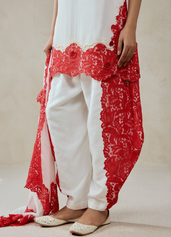 White And Red Georgette Kurta Pants Set Nitika Gujral - Fabilicious Fashion