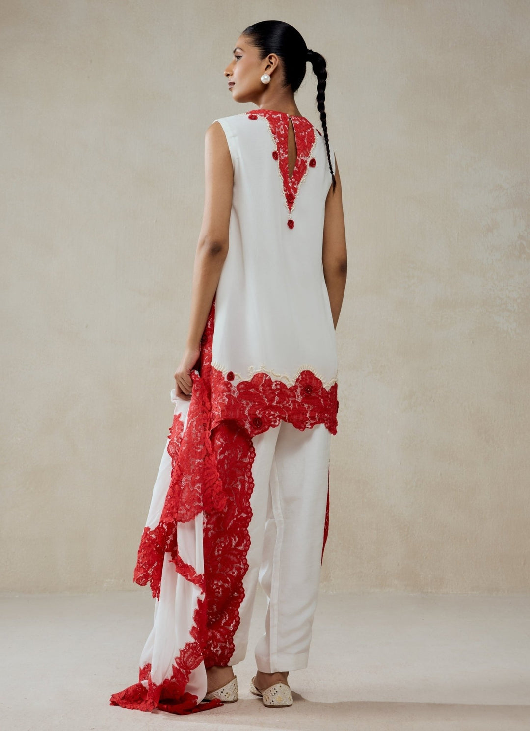 White And Red Georgette Kurta Pants Set Nitika Gujral - Fabilicious Fashion