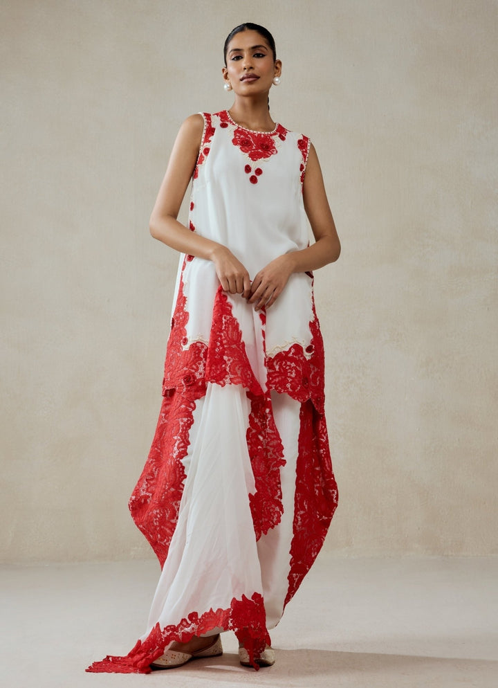 White And Red Georgette Kurta Pants Set Nitika Gujral - Fabilicious Fashion