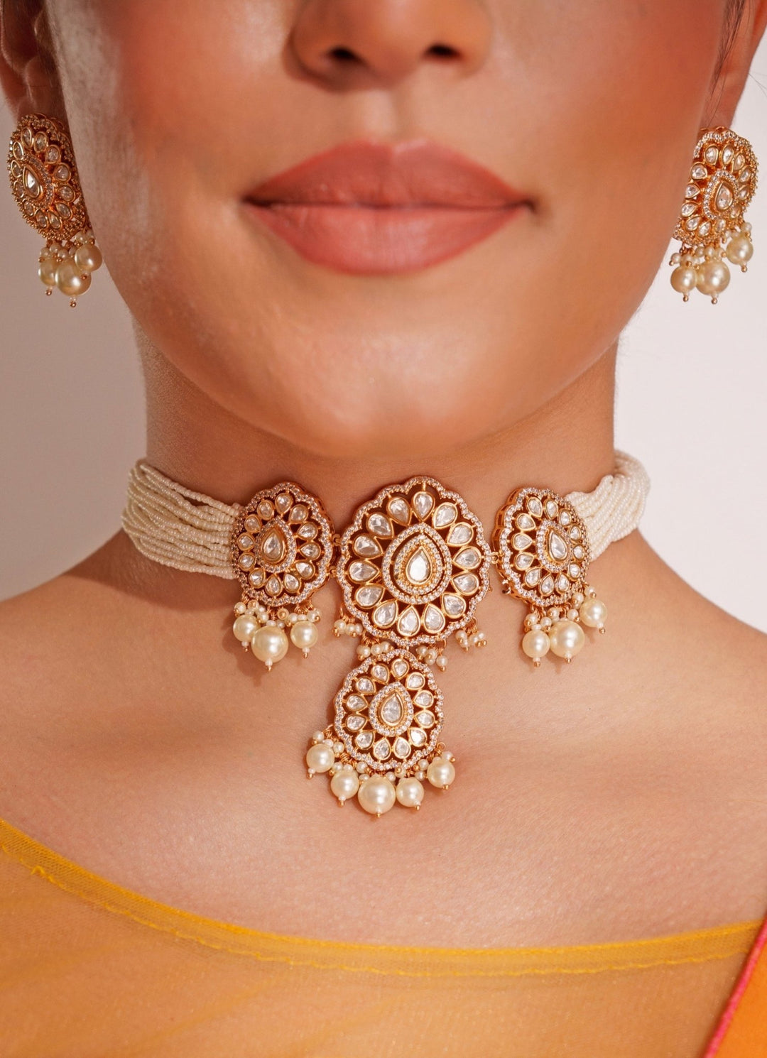 White Bead & Kundan Polki Choker Set With Pearl Drops Zevar by Geeta - Fabilicious Fashion