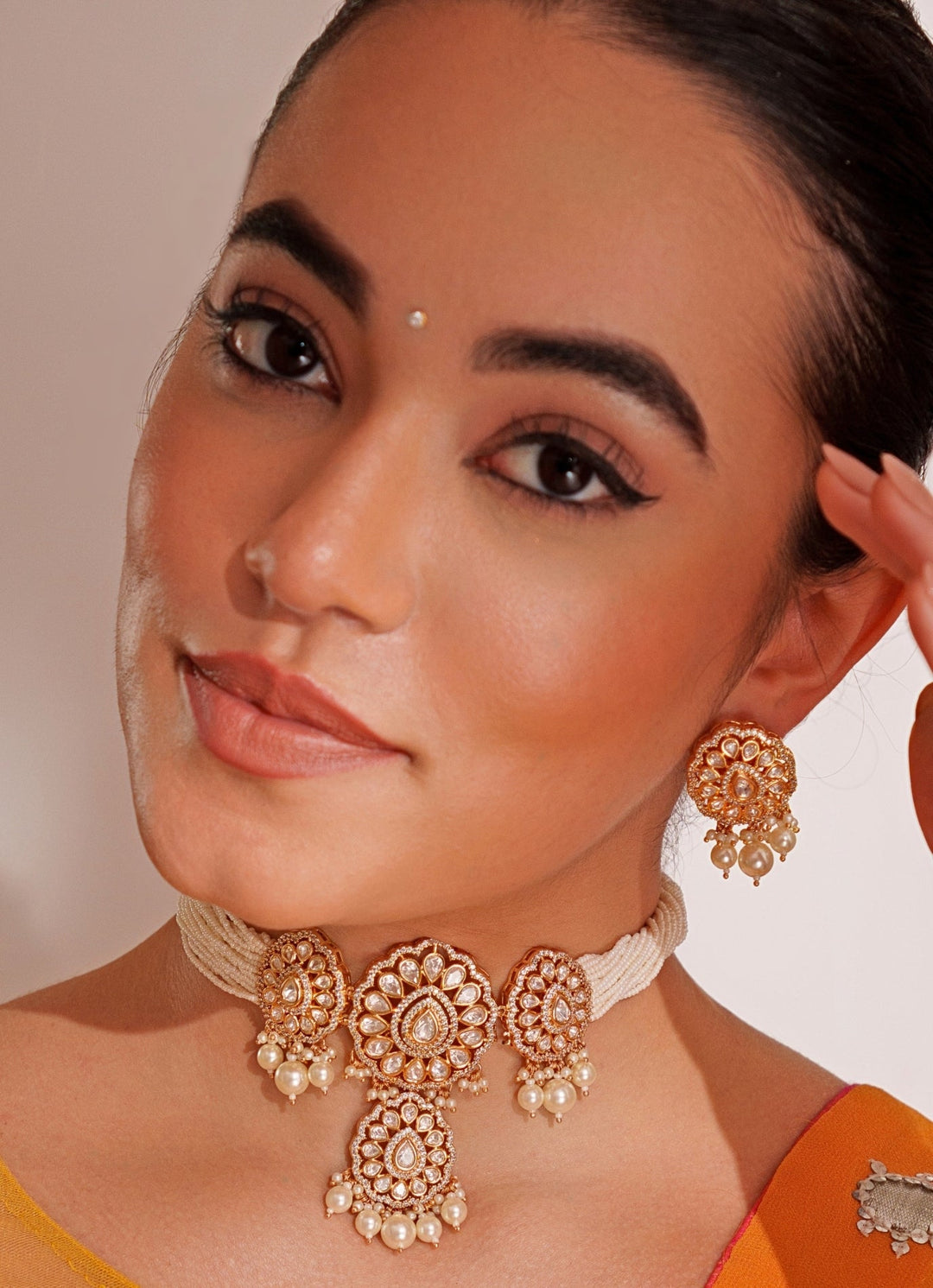 White Bead & Kundan Polki Choker Set With Pearl Drops Zevar by Geeta - Fabilicious Fashion