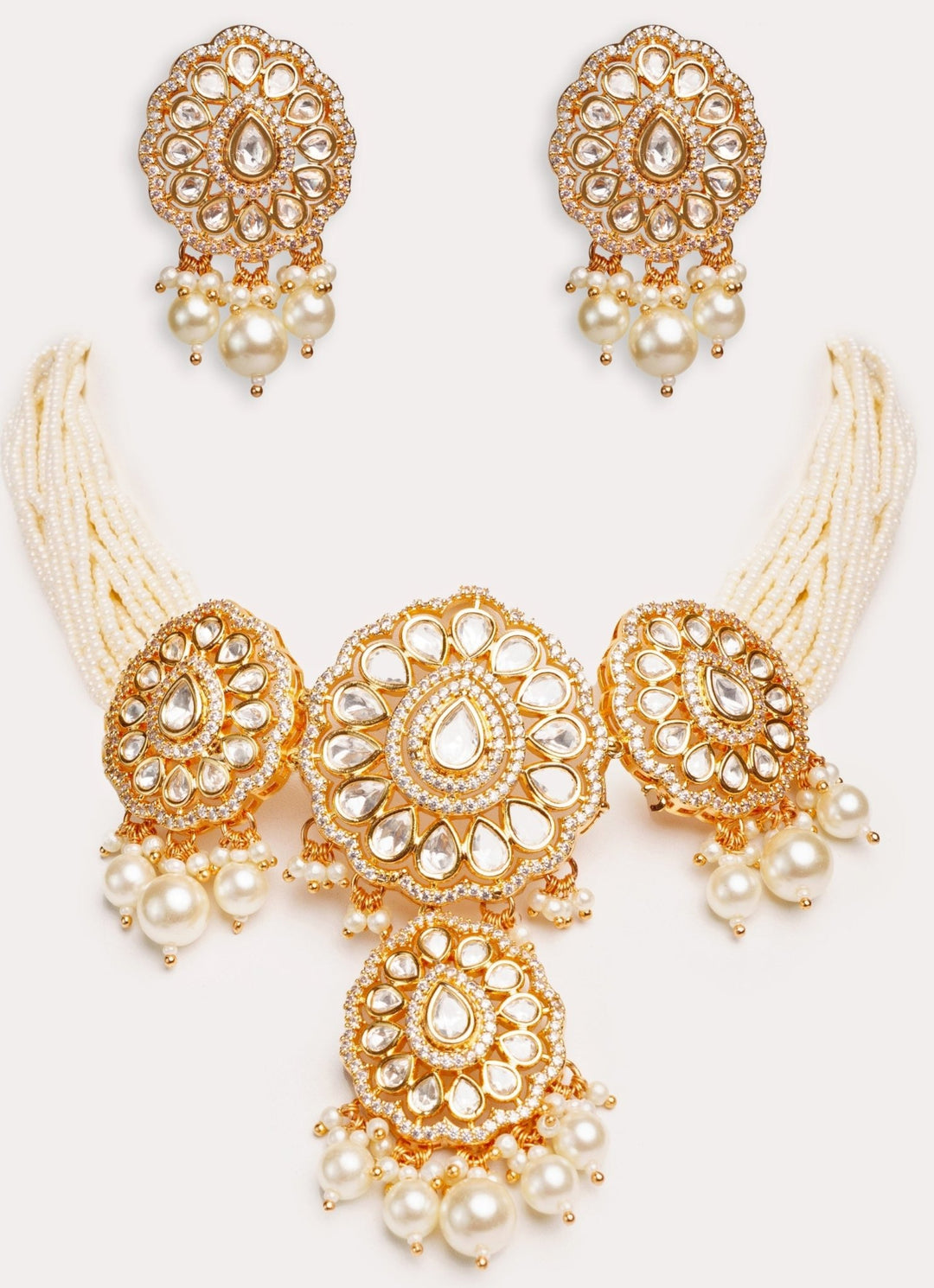 White Bead & Kundan Polki Choker Set With Pearl Drops Zevar by Geeta - Fabilicious Fashion