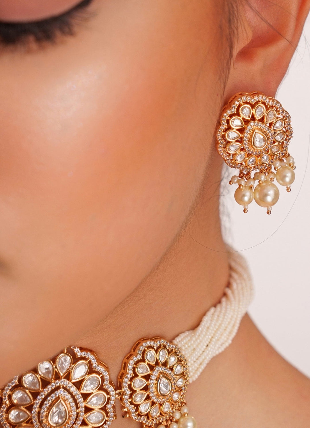 White Bead & Kundan Polki Choker Set With Pearl Drops Zevar by Geeta - Fabilicious Fashion