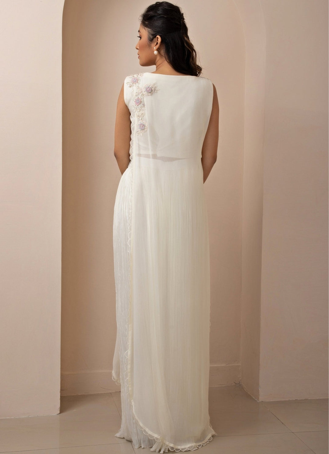 White Chiffon Pleated Pant Set With Embroidered Tunic Smriti - Fabilicious Fashion