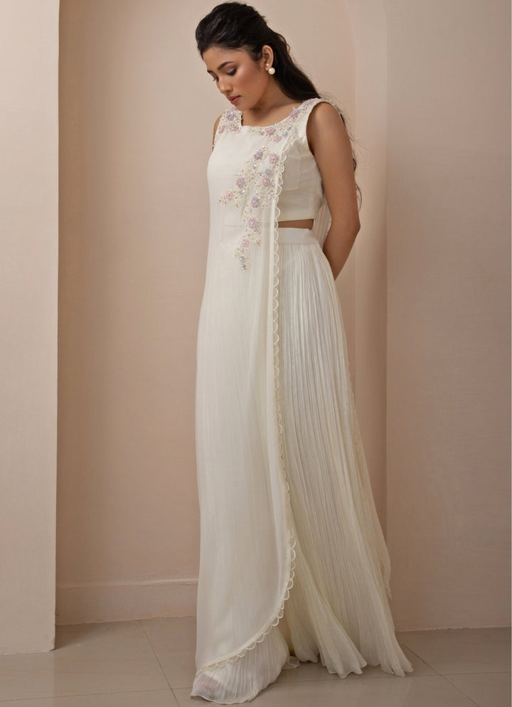 White Chiffon Pleated Pant Set With Embroidered Tunic Smriti - Fabilicious Fashion