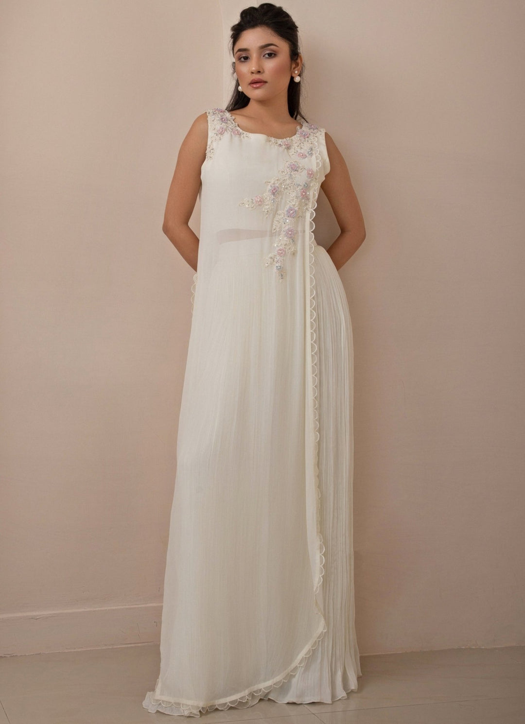 White Chiffon Pleated Pant Set With Embroidered Tunic Smriti - Fabilicious Fashion