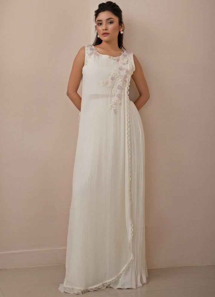 White Chiffon Pleated Pant Set With Embroidered Tunic Smriti - Fabilicious Fashion