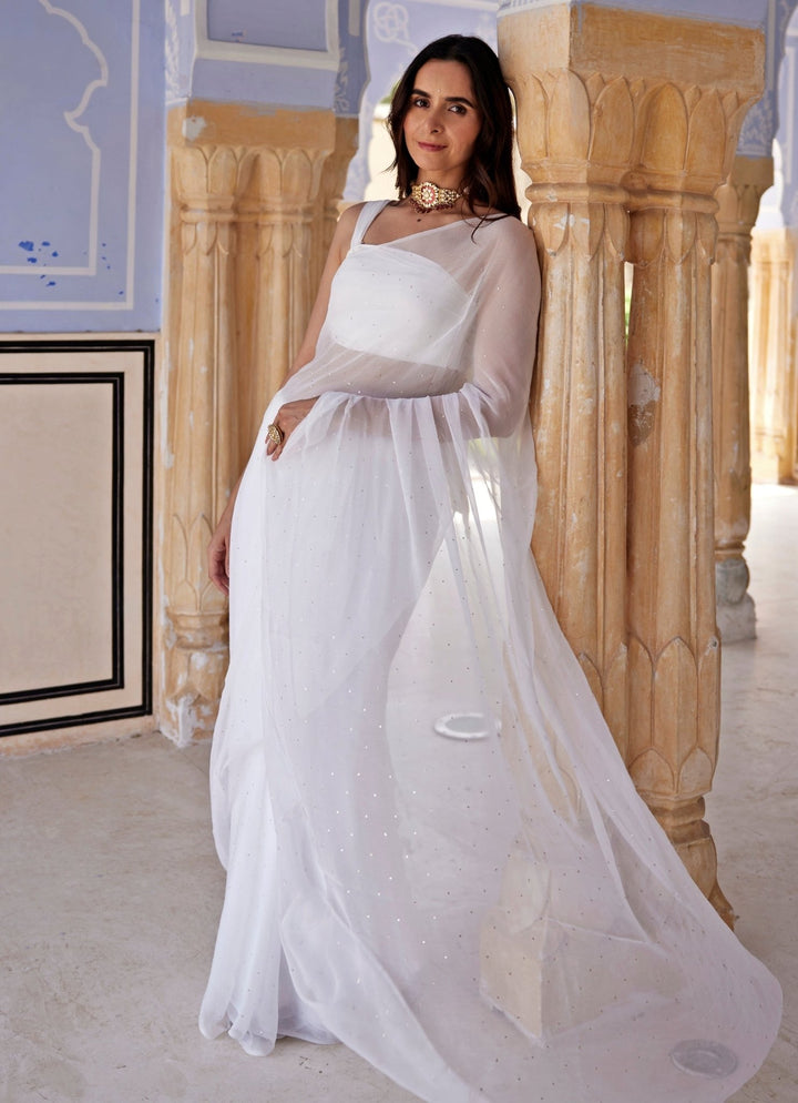 White Chiffon Pre - Draped Saree Set Geroo Jaipur - Fabilicious Fashion