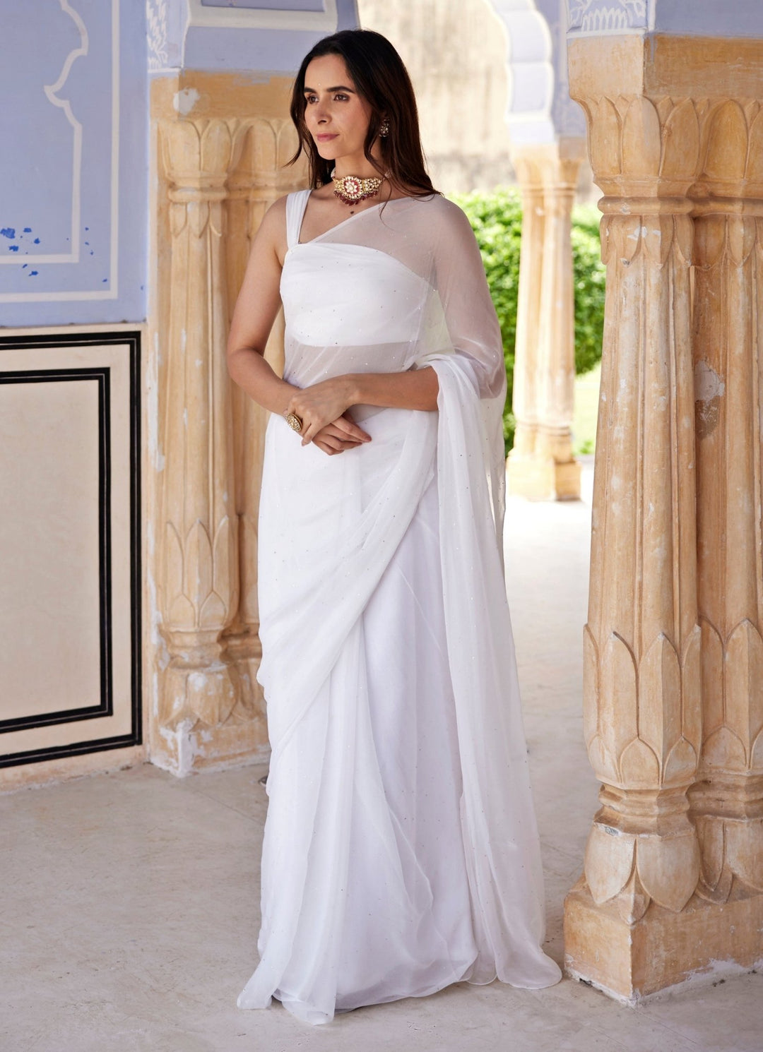 White Chiffon Pre - Draped Saree Set Geroo Jaipur - Fabilicious Fashion