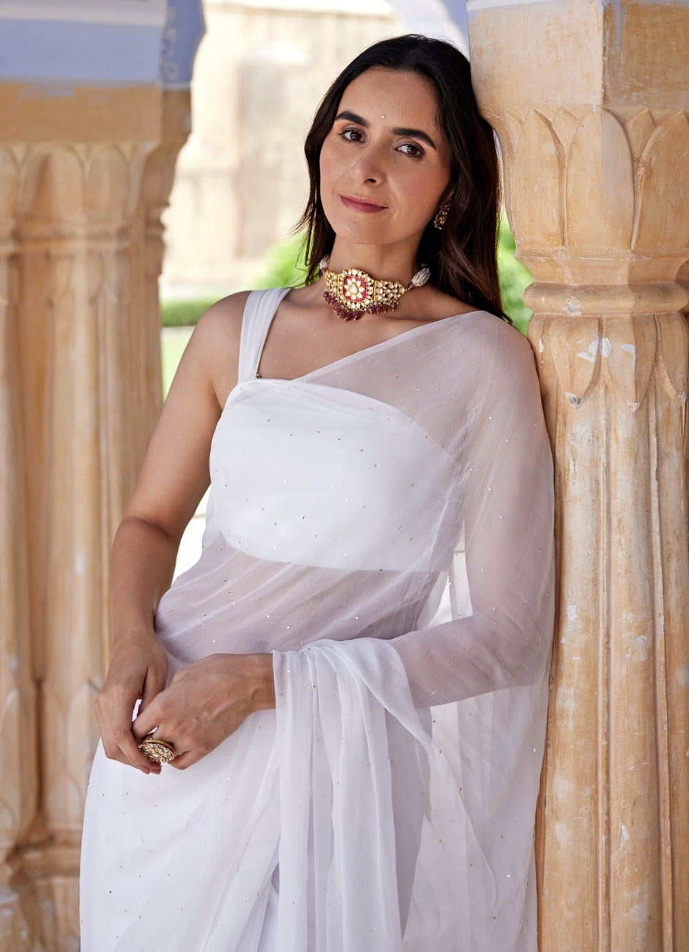 White Chiffon Pre - Draped Saree Set Geroo Jaipur - Fabilicious Fashion
