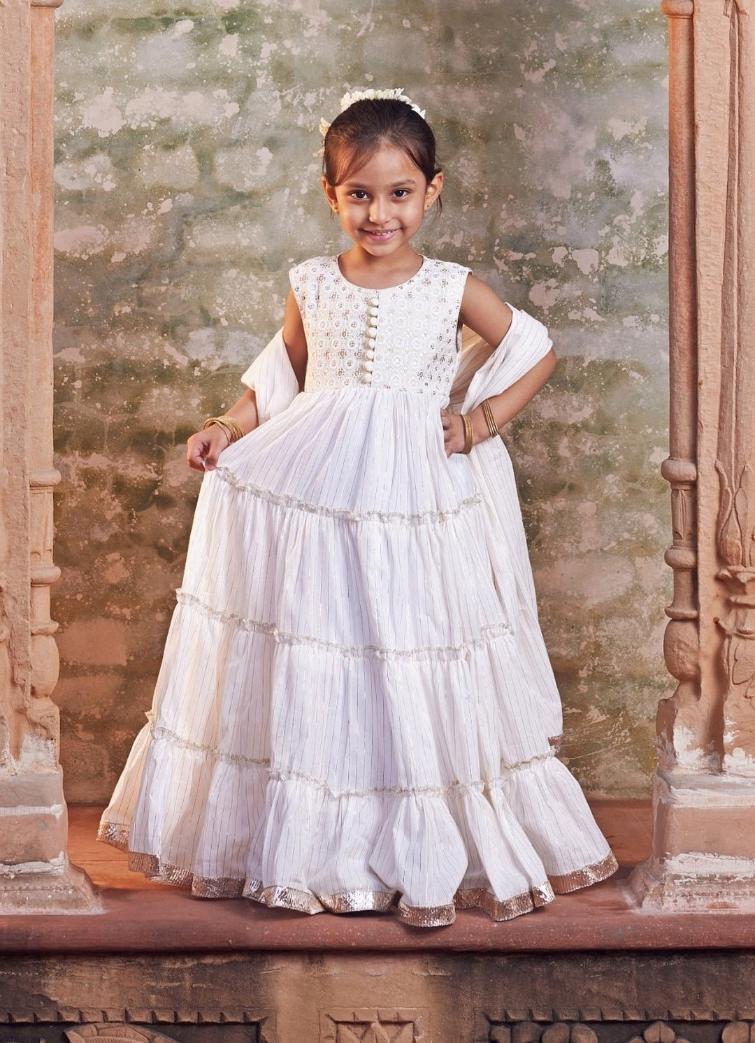 White Cotton Anarkali With Dupatta Chotibuti - Fabilicious Fashion