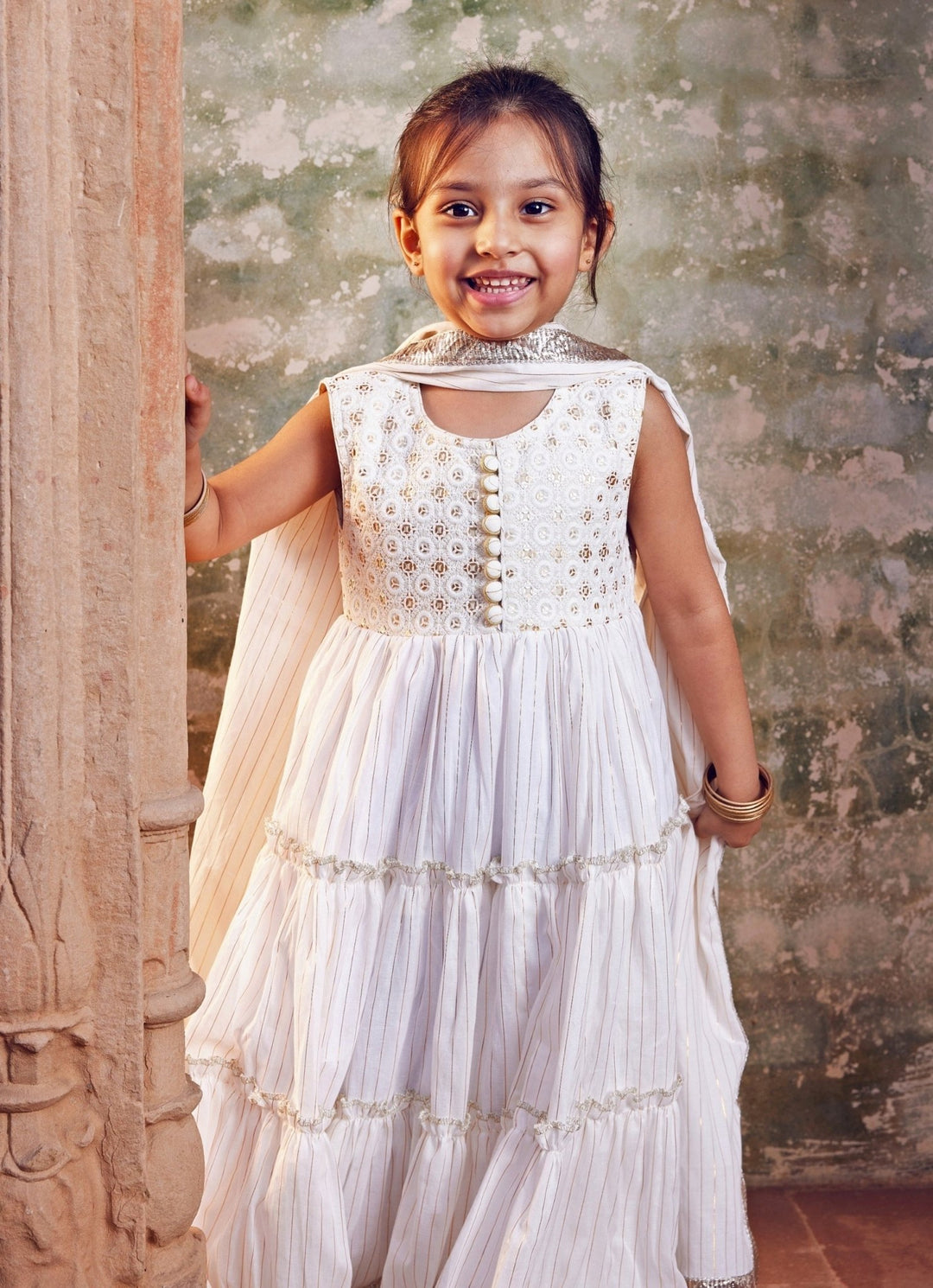 White Cotton Anarkali With Dupatta Chotibuti - Fabilicious Fashion