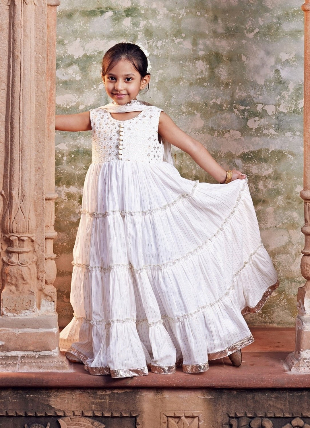 White Cotton Anarkali With Dupatta Chotibuti - Fabilicious Fashion