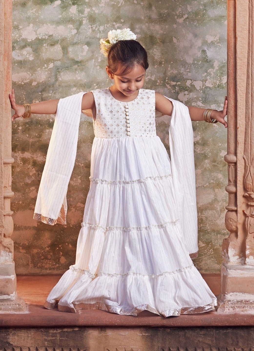 White Cotton Anarkali With Dupatta Chotibuti - Fabilicious Fashion