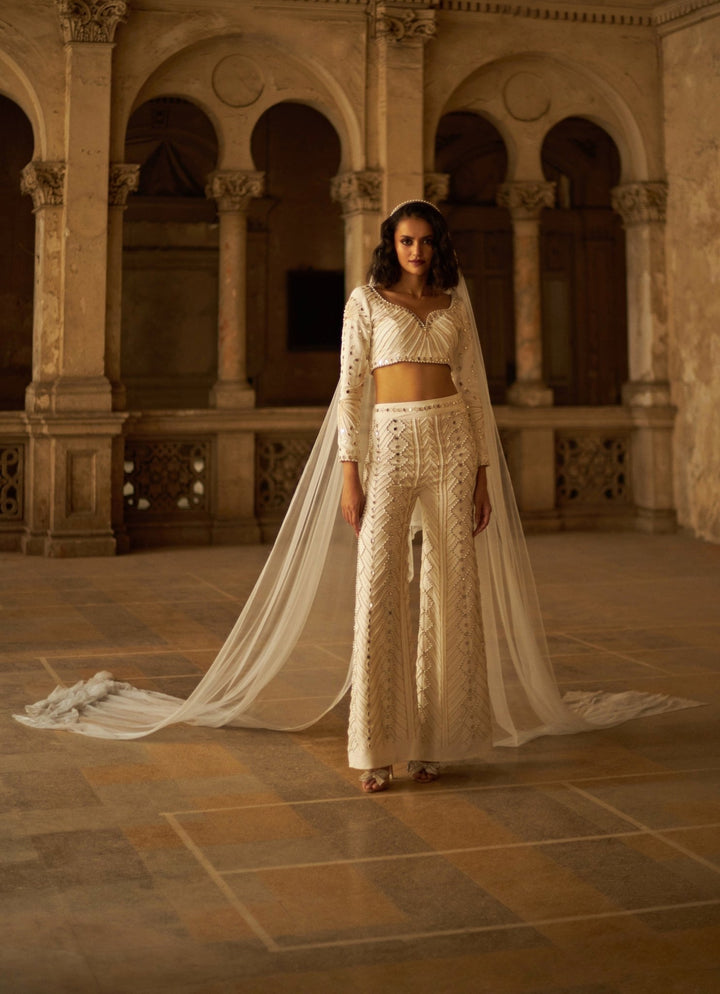 White Crystal and Mirror Cocktail Suit Duara - Fabilicious Fashion