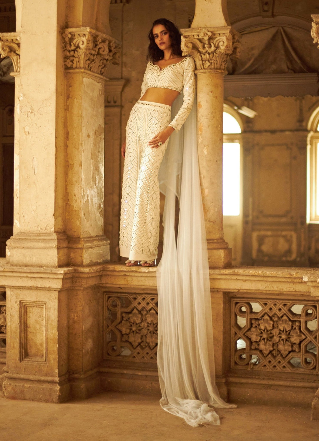 White Crystal and Mirror Cocktail Suit Duara - Fabilicious Fashion