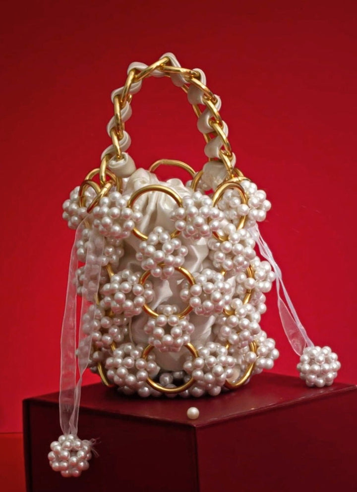White Embellished Pearl Bag AMYRA - Fabilicious Fashion