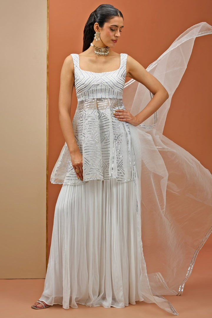 White Embellished Peplum Top And Sharara Set Esha Koul - Fabilicious Fashion