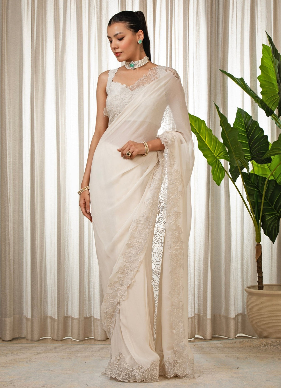 White Embroidered Georgette Saree Set Esha Koul - Fabilicious Fashion