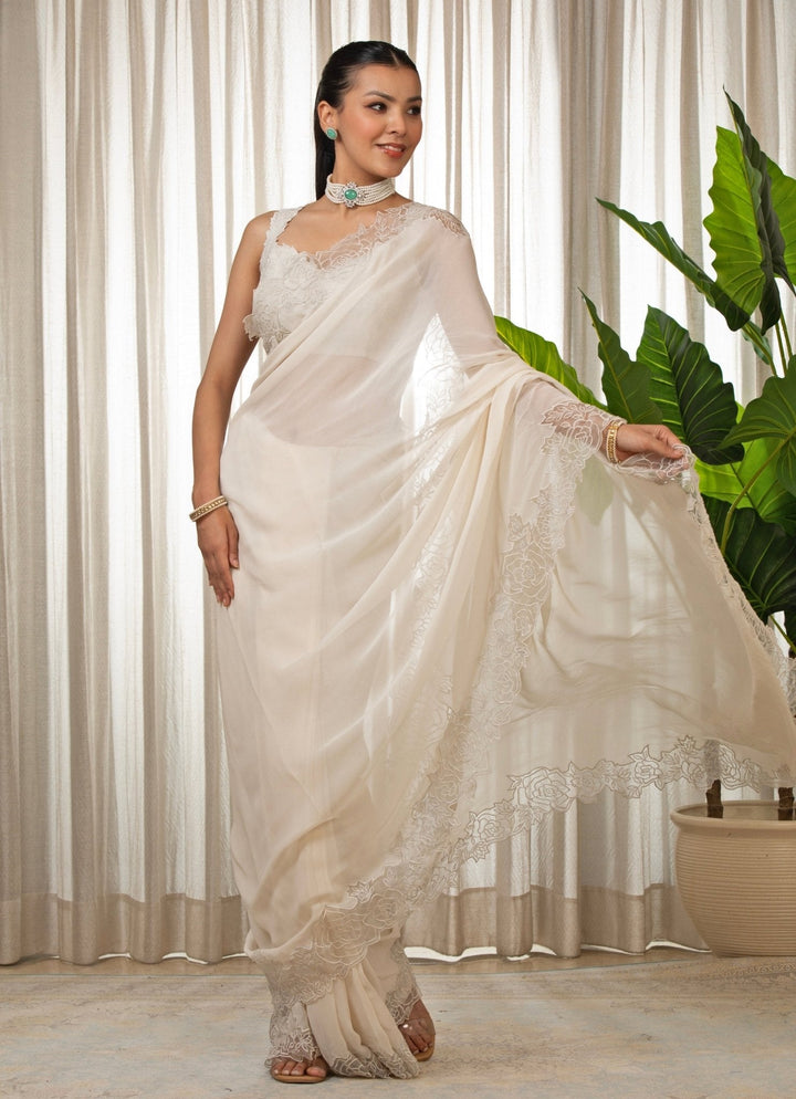 White Embroidered Georgette Saree Set Esha Koul - Fabilicious Fashion