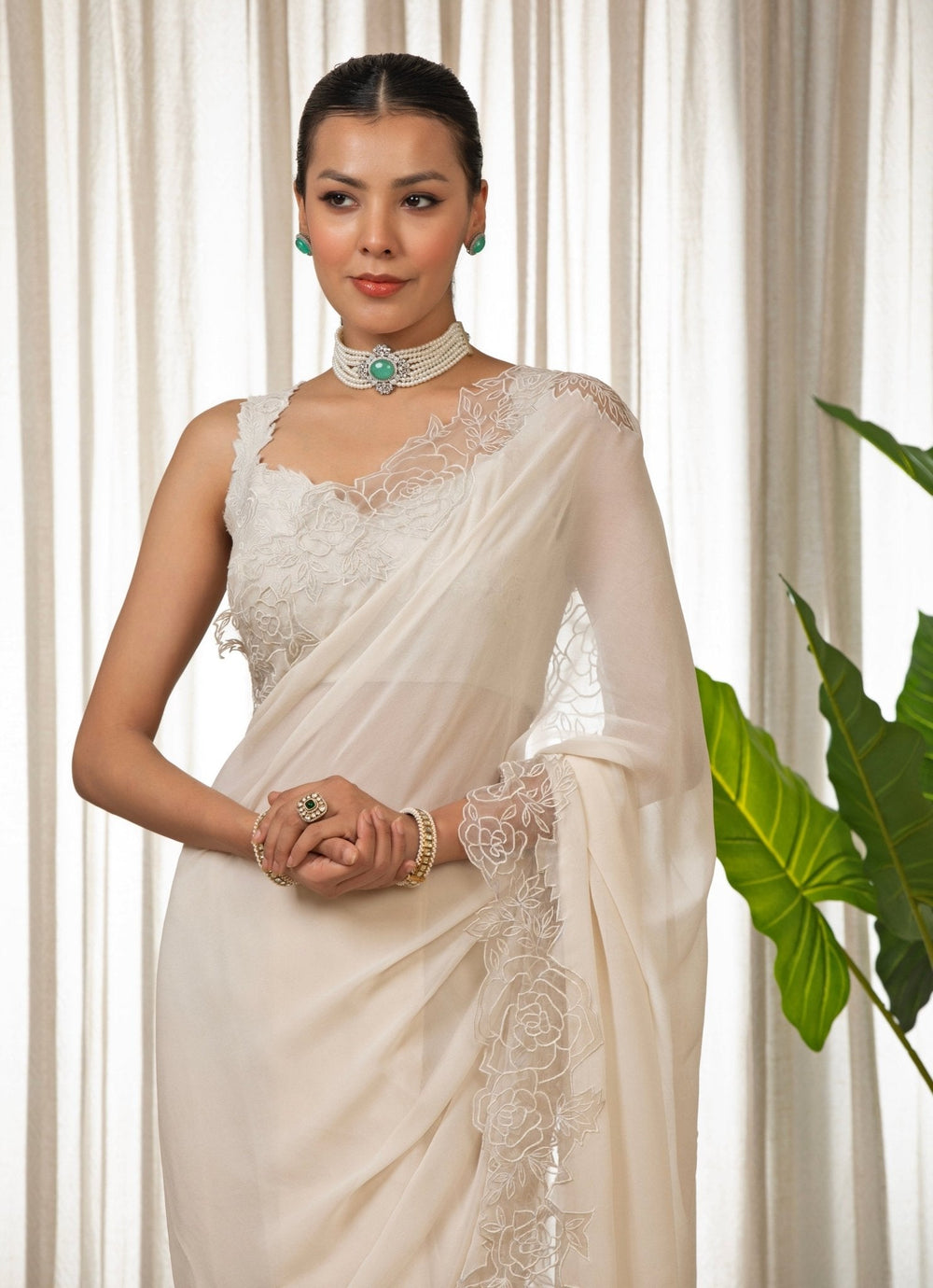 White Embroidered Georgette Saree Set Esha Koul - Fabilicious Fashion