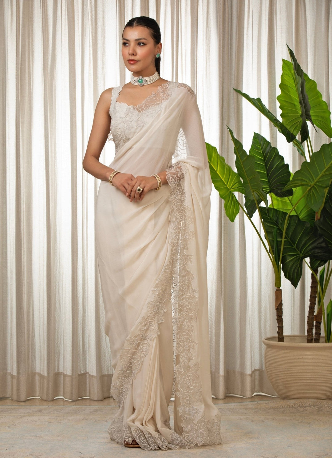 White Embroidered Georgette Saree Set Esha Koul - Fabilicious Fashion