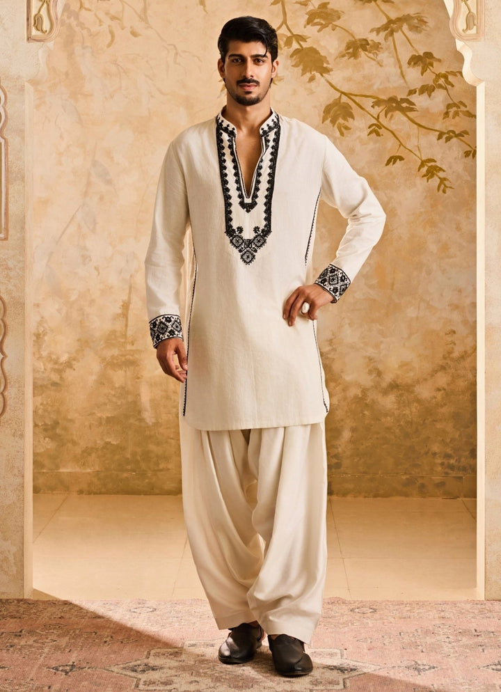 White Embroidered Linen Kurta Set Nitika Gujral - Men - Fabilicious Fashion