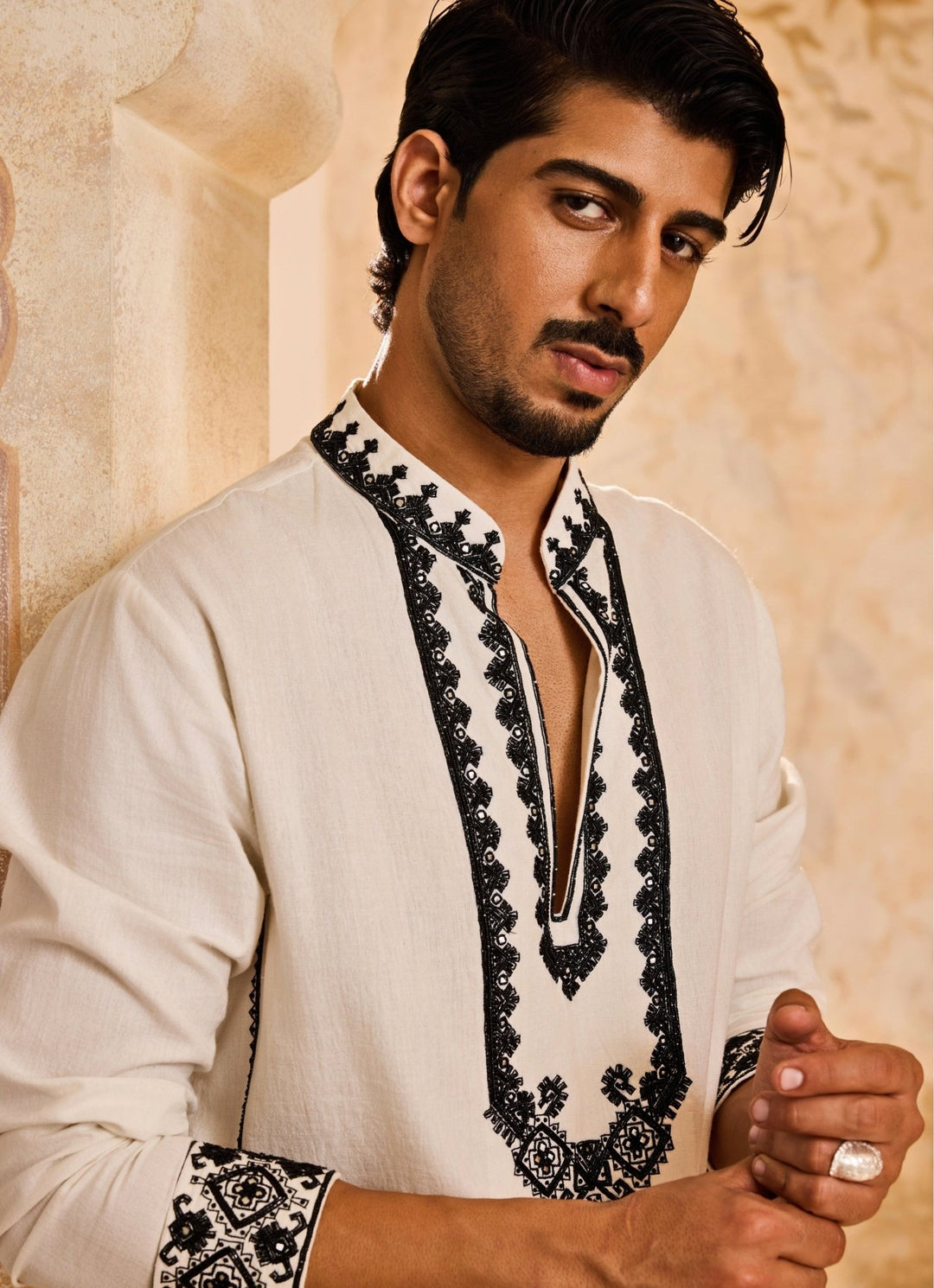 White Embroidered Linen Kurta Set Nitika Gujral - Men - Fabilicious Fashion