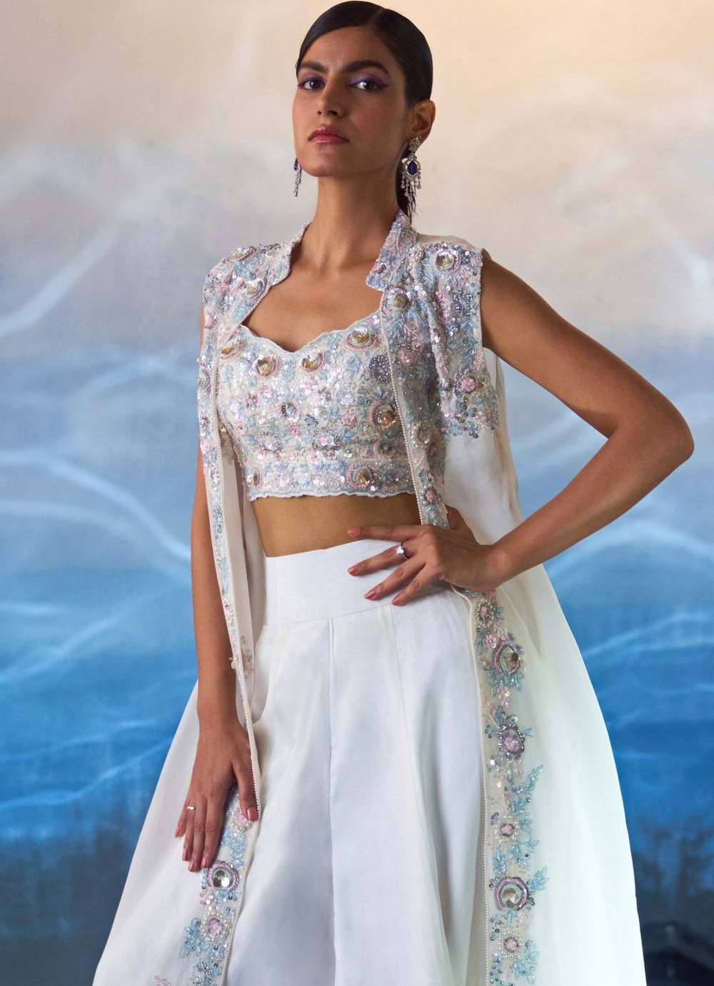 White Embroidered Organza Sharara with Jacket Angad Singh - Fabilicious Fashion