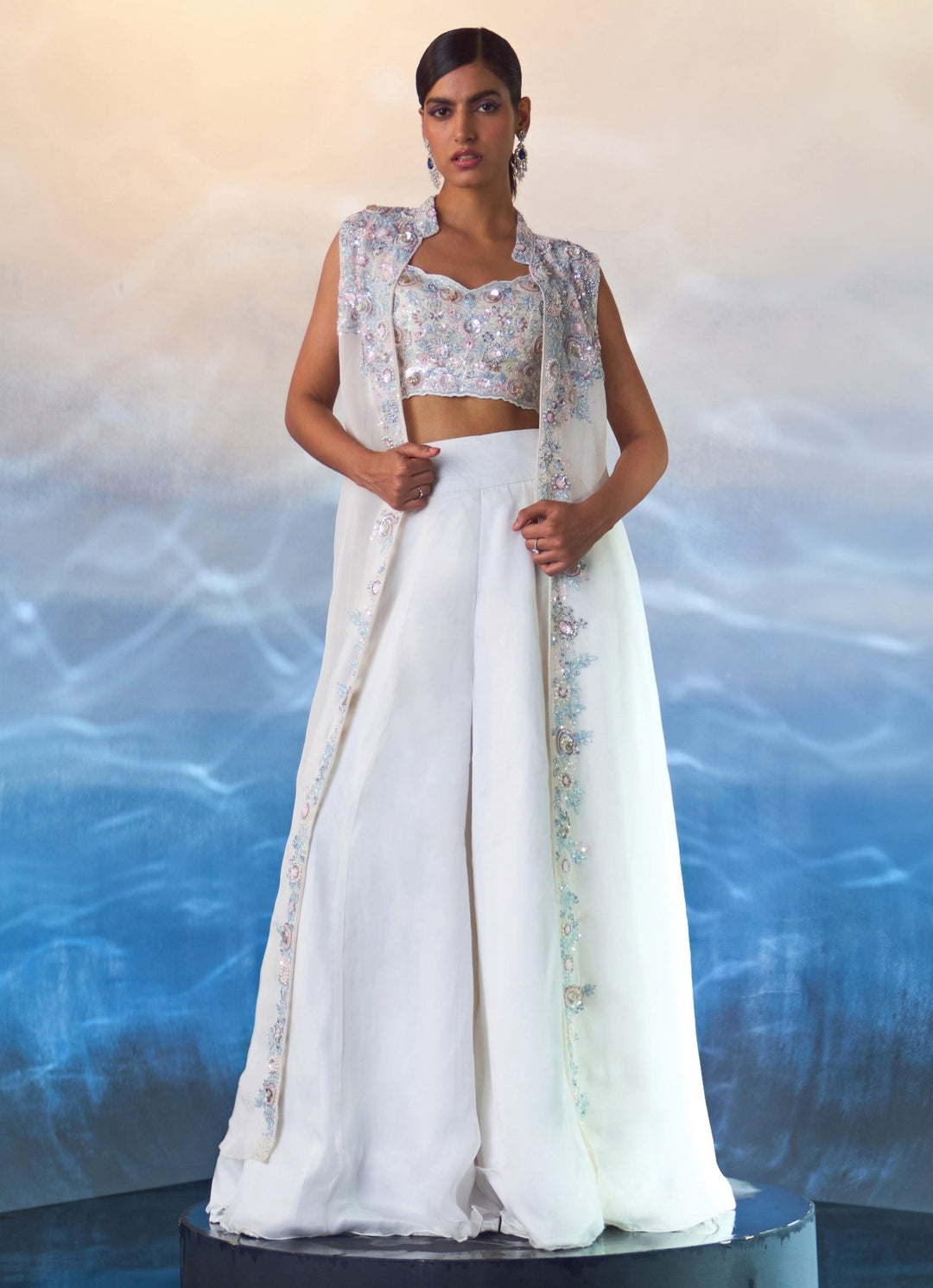 White Embroidered Organza Sharara with Jacket Angad Singh - Fabilicious Fashion