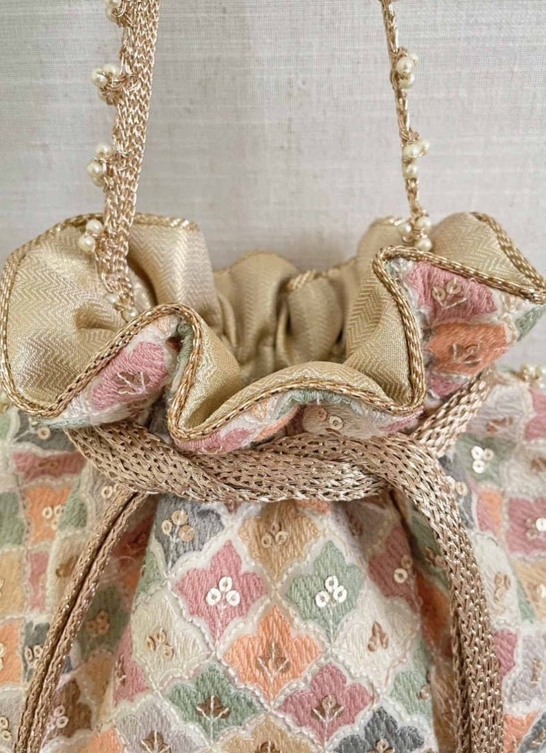 White Embroidered Potli AMYRA - Fabilicious Fashion