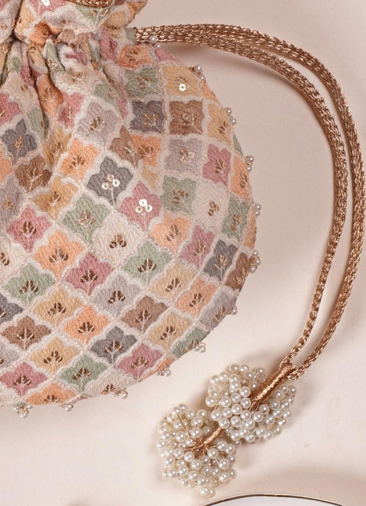 White Embroidered Potli AMYRA - Fabilicious Fashion