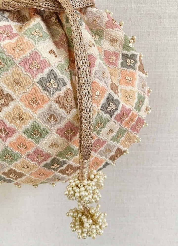 White Embroidered Potli AMYRA - Fabilicious Fashion