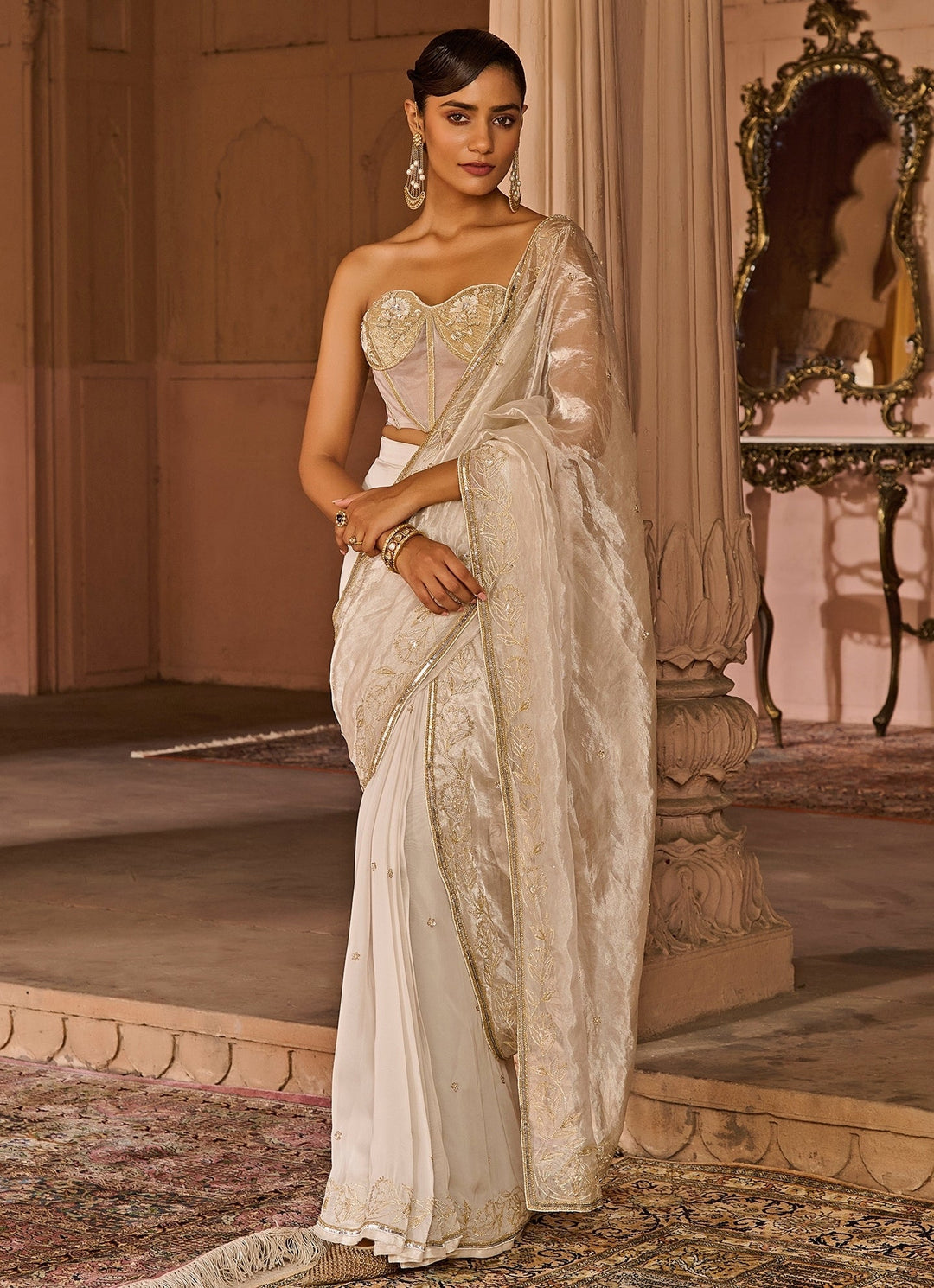 White Embroidered Pre - Draped Saree with Corset Blouse Zoon Tribe - Fabilicious Fashion