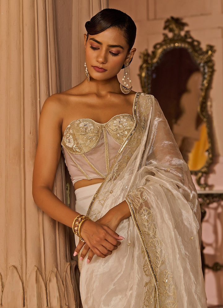White Embroidered Pre - Draped Saree with Corset Blouse Zoon Tribe - Fabilicious Fashion