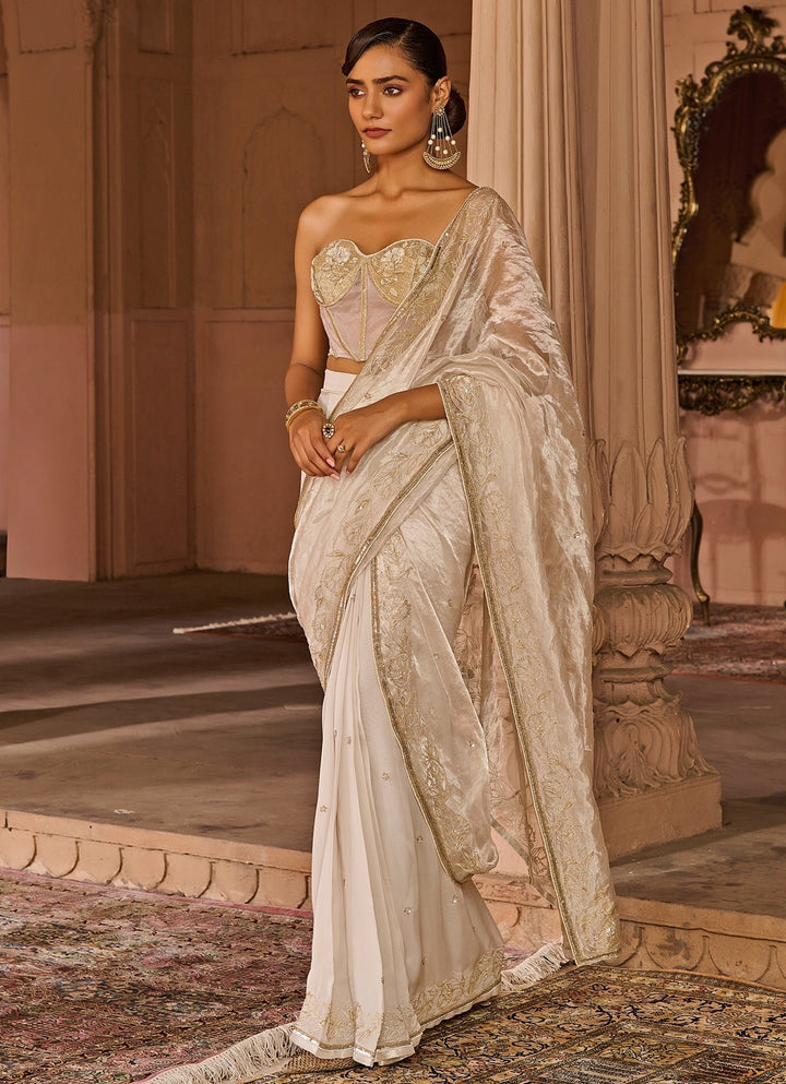 White Embroidered Pre - Draped Saree with Corset Blouse Zoon Tribe - Fabilicious Fashion