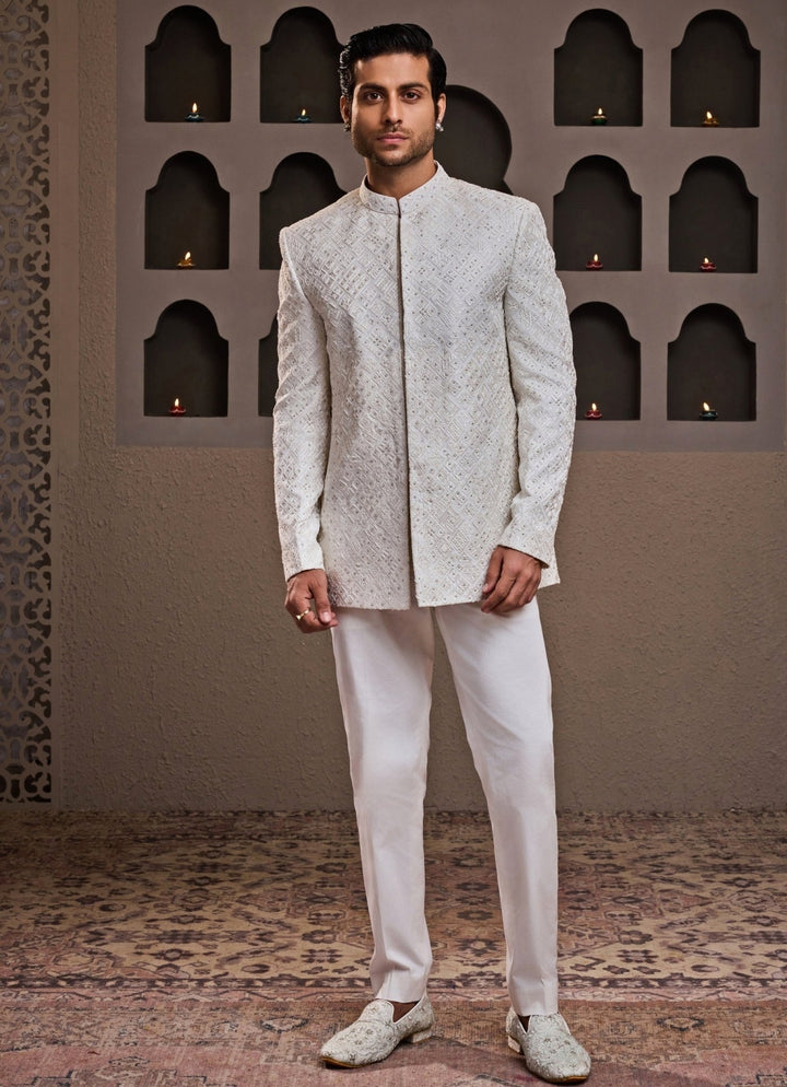 White Embroidered Raw Silk Jodhpuri Set Nitika Gujral - Men - Fabilicious Fashion