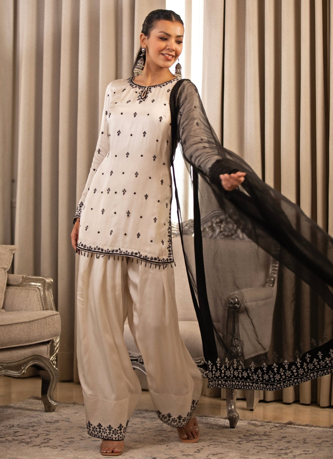 White Embroidered Satin Kurta Salwar Set Esha Koul - Fabilicious Fashion