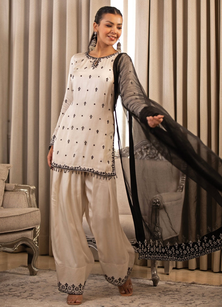 White Embroidered Satin Kurta Salwar Set Esha Koul - Fabilicious Fashion