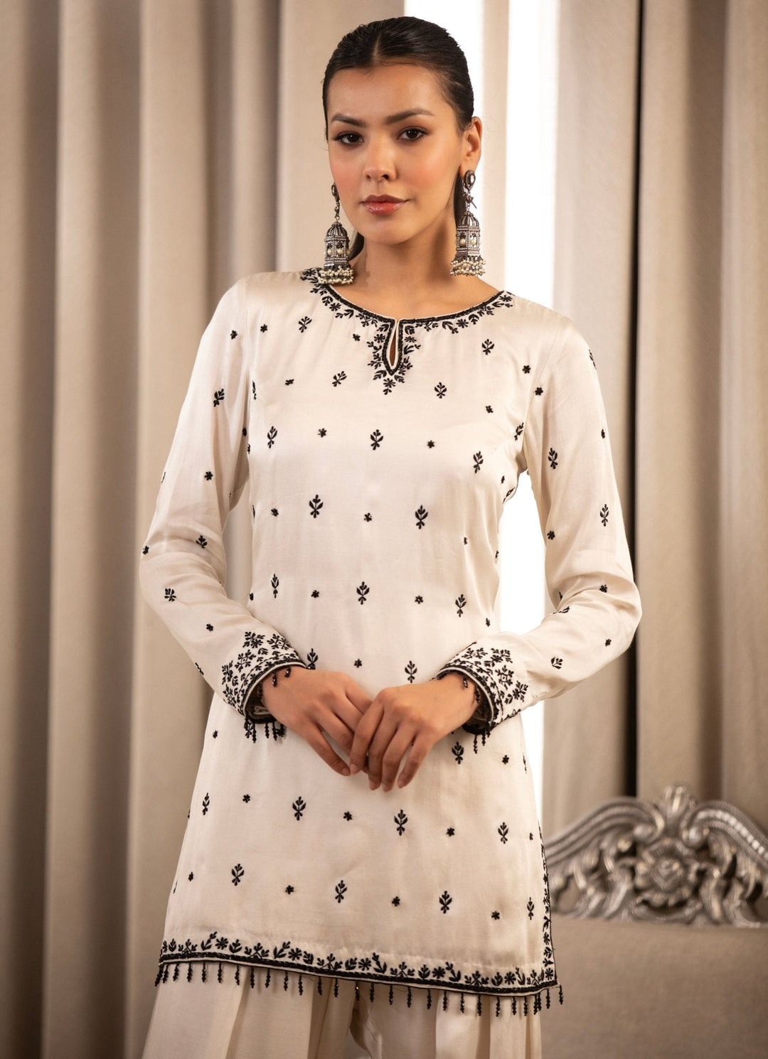 White Embroidered Satin Kurta Salwar Set Esha Koul - Fabilicious Fashion