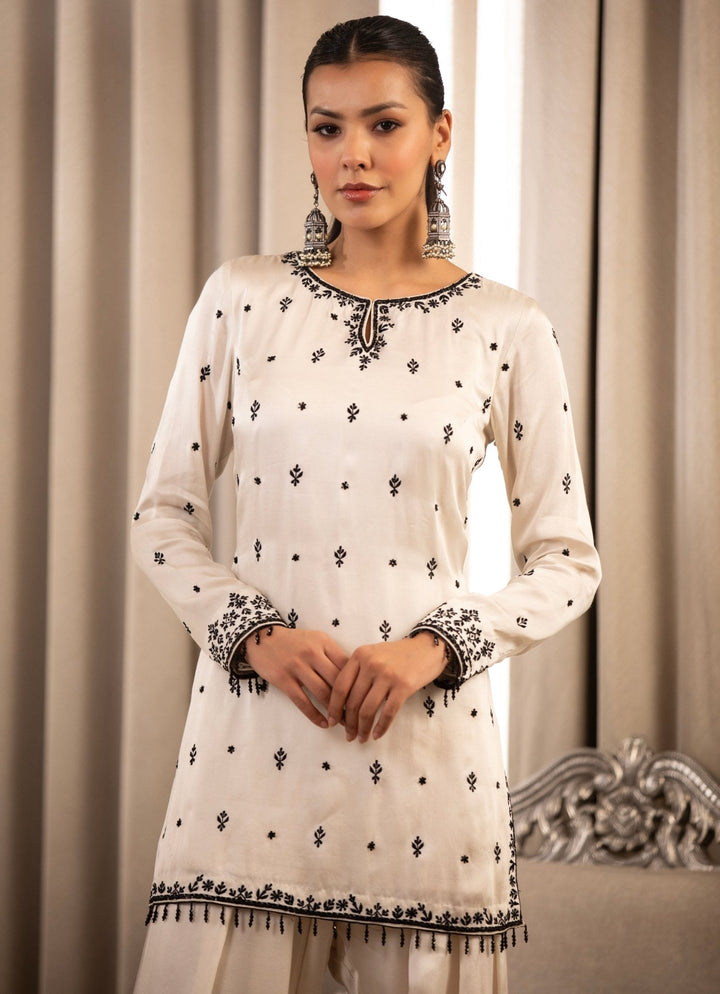 White Embroidered Satin Kurta Salwar Set Esha Koul - Fabilicious Fashion