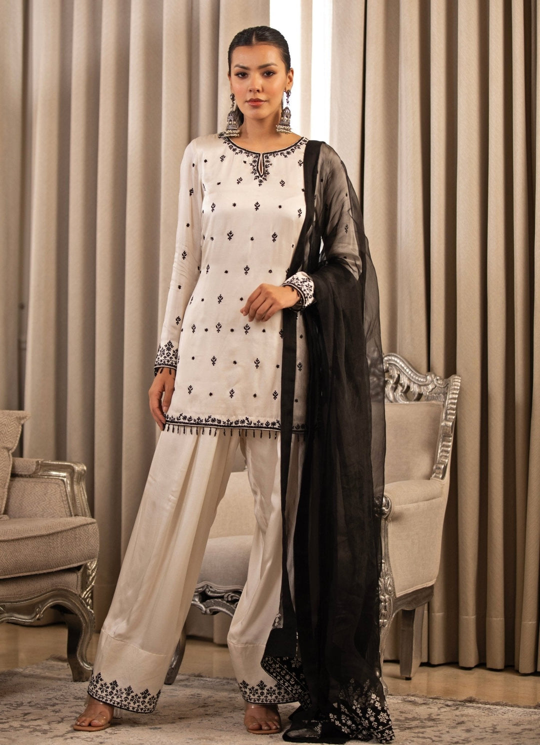 White Embroidered Satin Kurta Salwar Set Esha Koul - Fabilicious Fashion