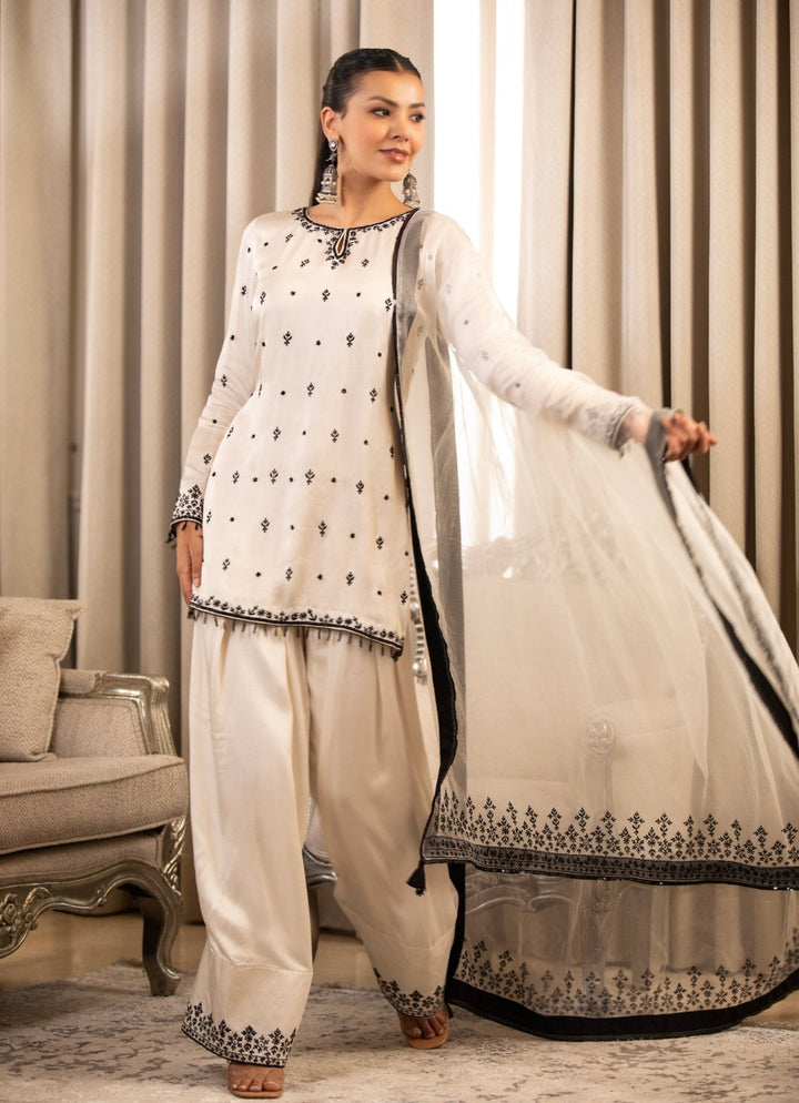 White Embroidered Satin Kurta Salwar Set Esha Koul - Fabilicious Fashion