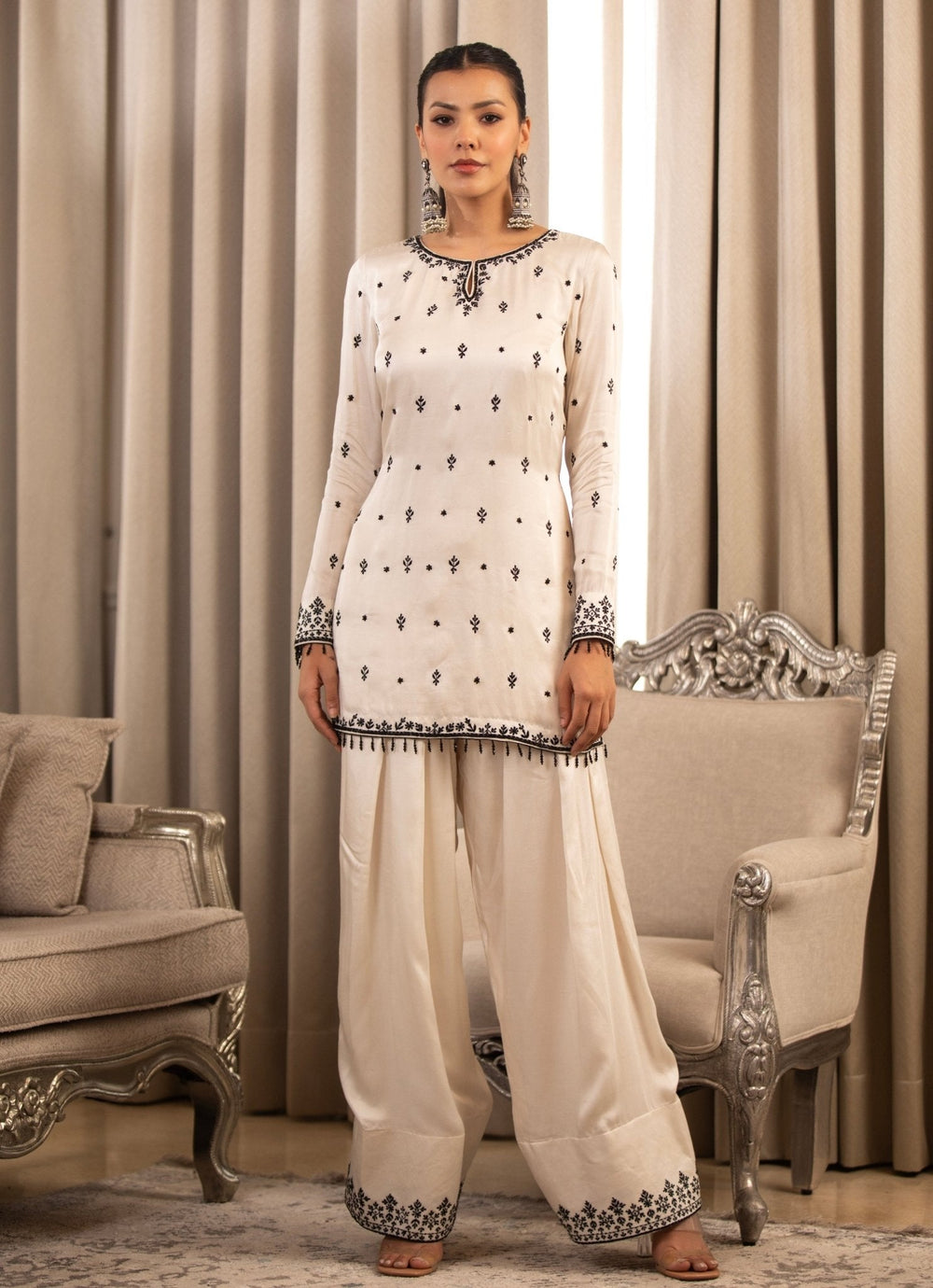 White Embroidered Satin Kurta Salwar Set Esha Koul - Fabilicious Fashion