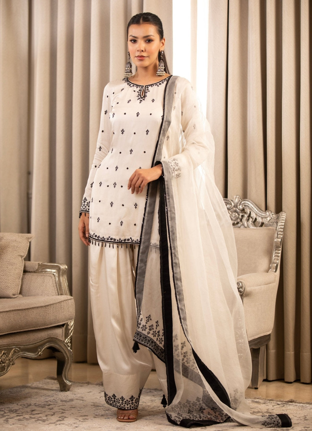 White Embroidered Satin Kurta Salwar Set Esha Koul - Fabilicious Fashion