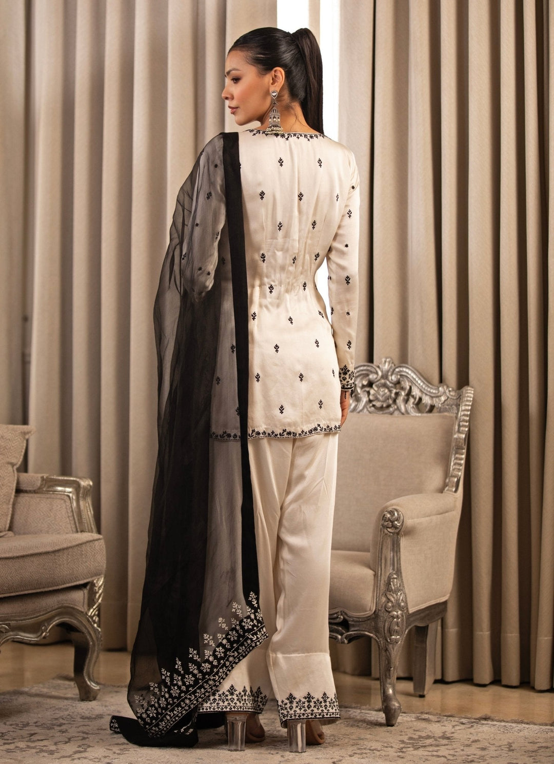 White Embroidered Satin Kurta Salwar Set Esha Koul - Fabilicious Fashion