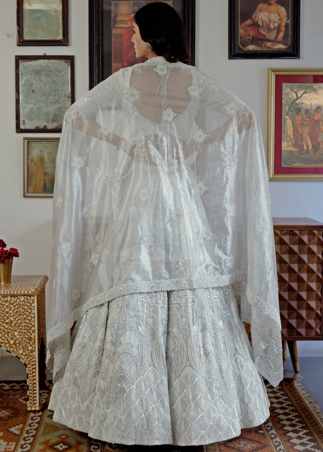 White Embroidered Silver Brocade Bridal Lehenga Set Moledro - Fabilicious Fashion